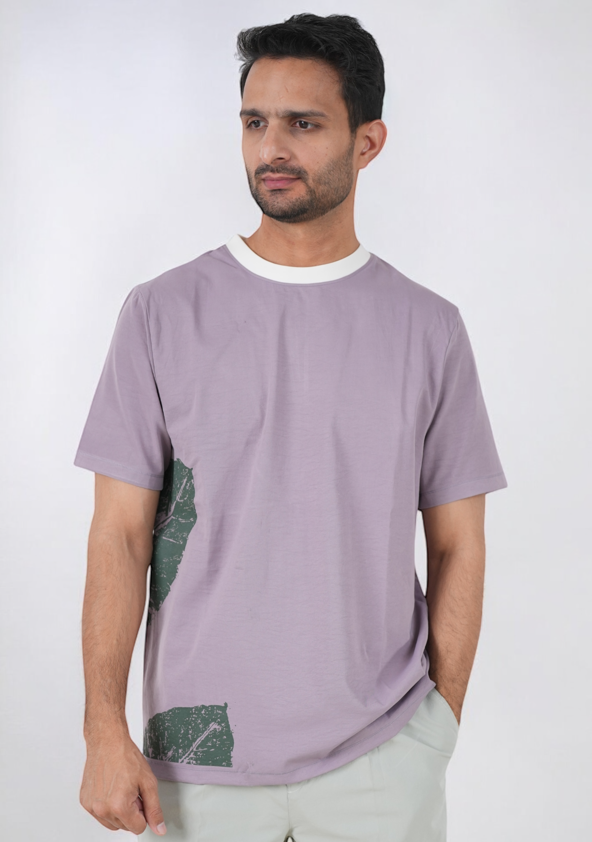 Contrast Ribbed Leaf printed T-Shirt