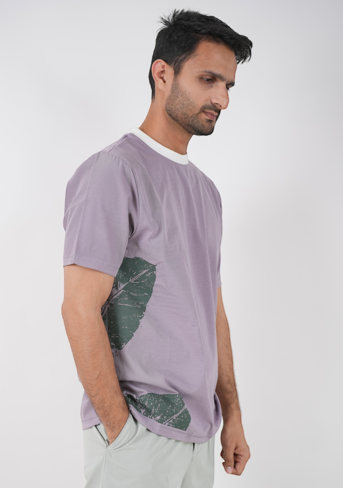 Contrast Ribbed Leaf printed T-Shirt